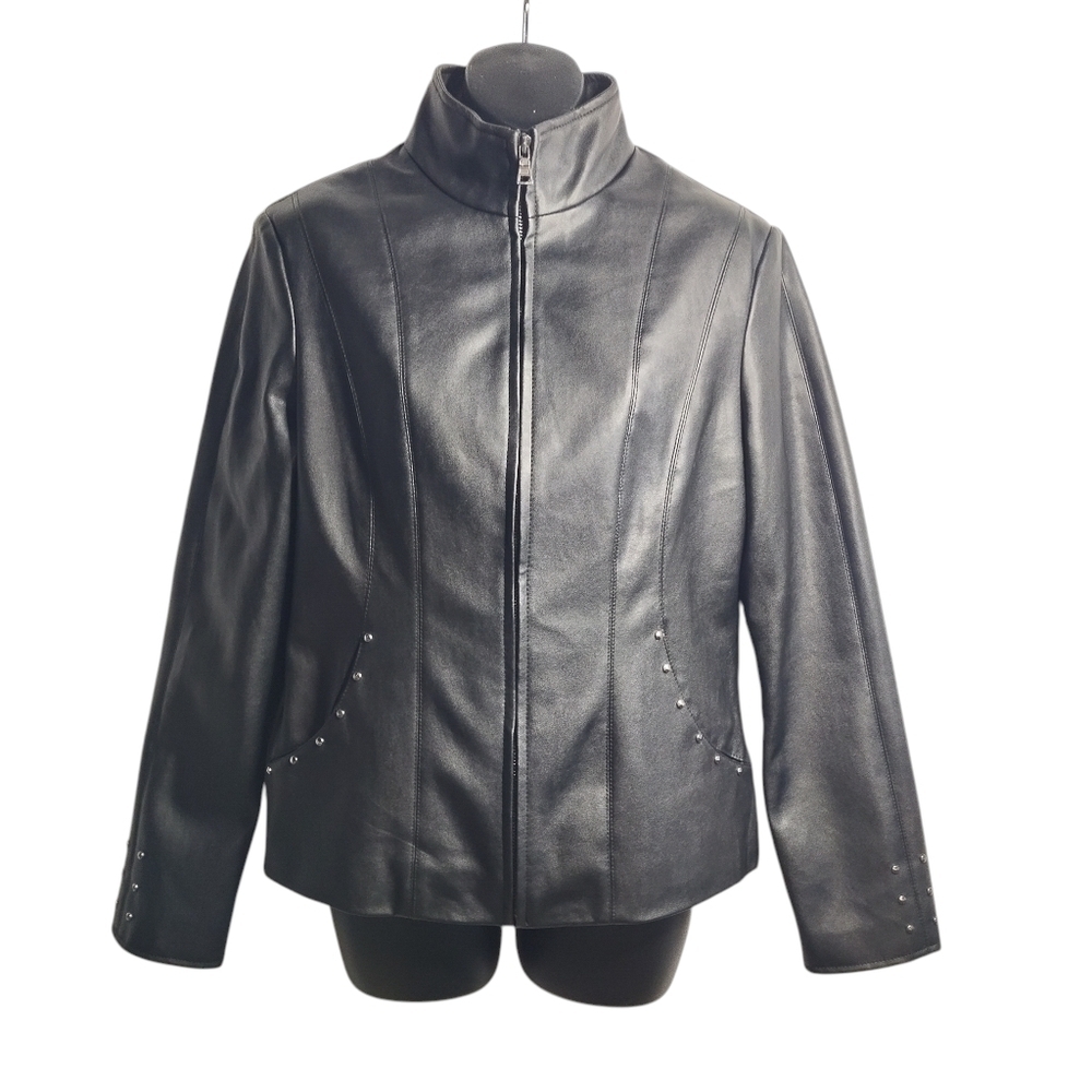 COLE BROOK Women Black Faux Leather Jacket Full Zip Stud Accents Size Small